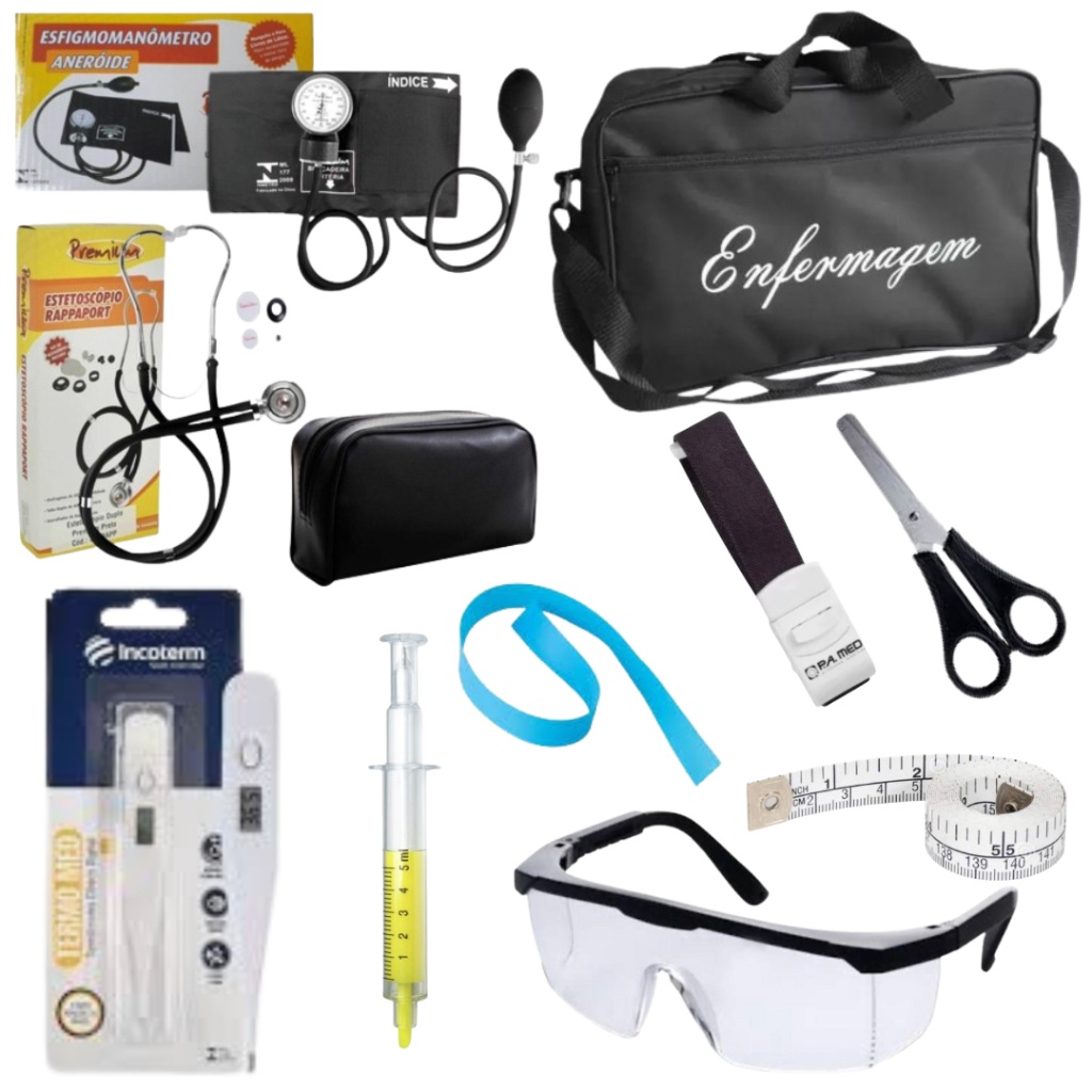 Kit Enfermagem Luxo Preto com Aparelho  de Pressão e Estetoscópio Duplo Premium - 10 itens