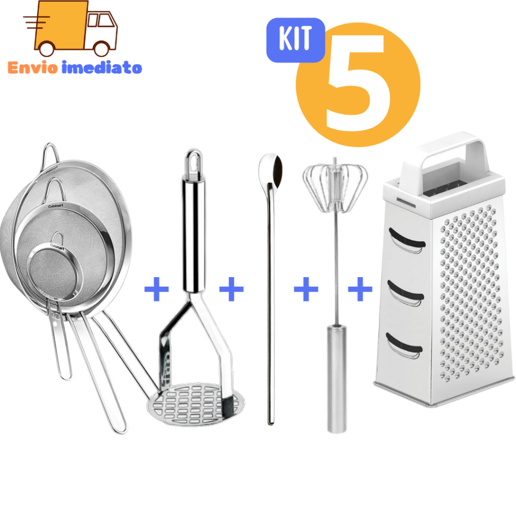 Kit Utensílios em Aço Inox Peneira Amassador de Batata Colher de Suco Mixer Ralador para Casa Cozinha Multifuncional
