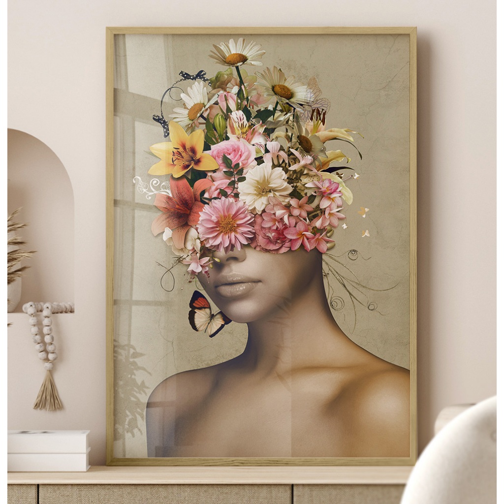 Imagem Quadro Decorativo COM MOLDURA E Vidro Grande Sala Quarto Quadro Decorativo Escritório Flores Mulher