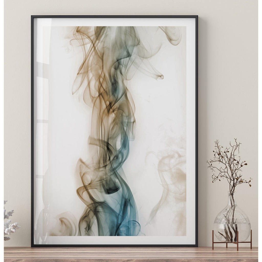 Quadro Minimalista Com Moldura E Vidro Quadro Decorativo Sala Escritório Abstrato Fumaça Azul Bege