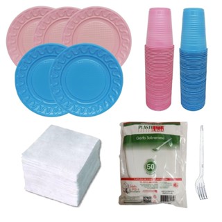 Kit Chá Revelação 50 Pratos + 100 Copos + 50 Garfos + 100 Guardanapos em Oferta na Shopee