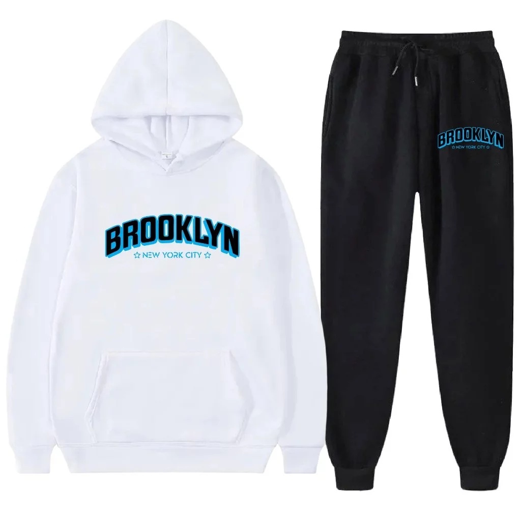 Conjunto Moletom Masculino Flanelado Calça + Blusa Estampa Brooklyn Ny Moleton Blusa Gorro + Calça