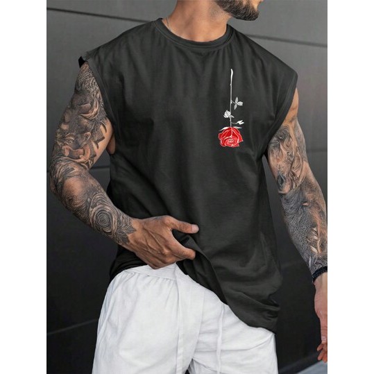 Camiseta Regata Streetwear Oversized Flor Rosa Masculina Camisa Skate Hip Hop Cavada Unissex Camiseta Larga Algodão Musc