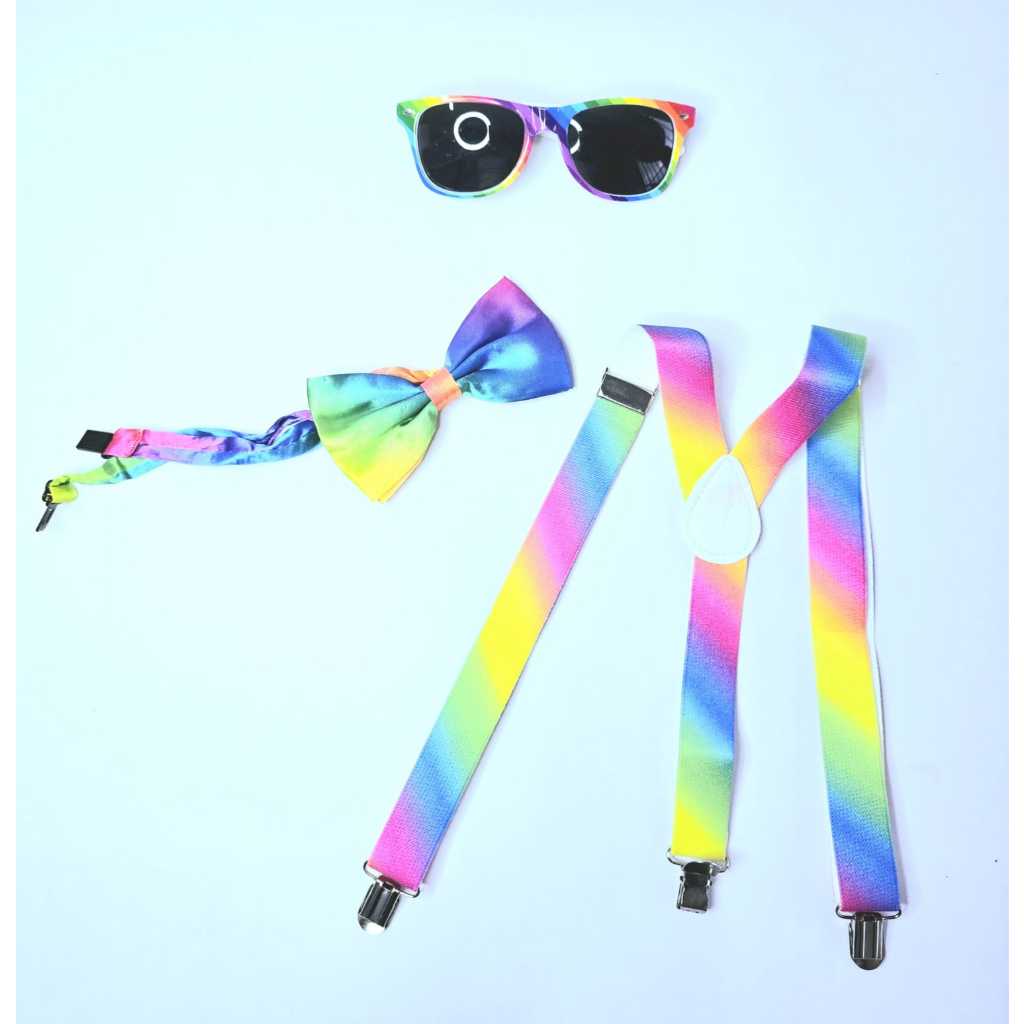 Kit Suspensório Gravata e Óculos Colorido Arco-Íris Paetê Ajustável Masculino e Feminino Carnaval
