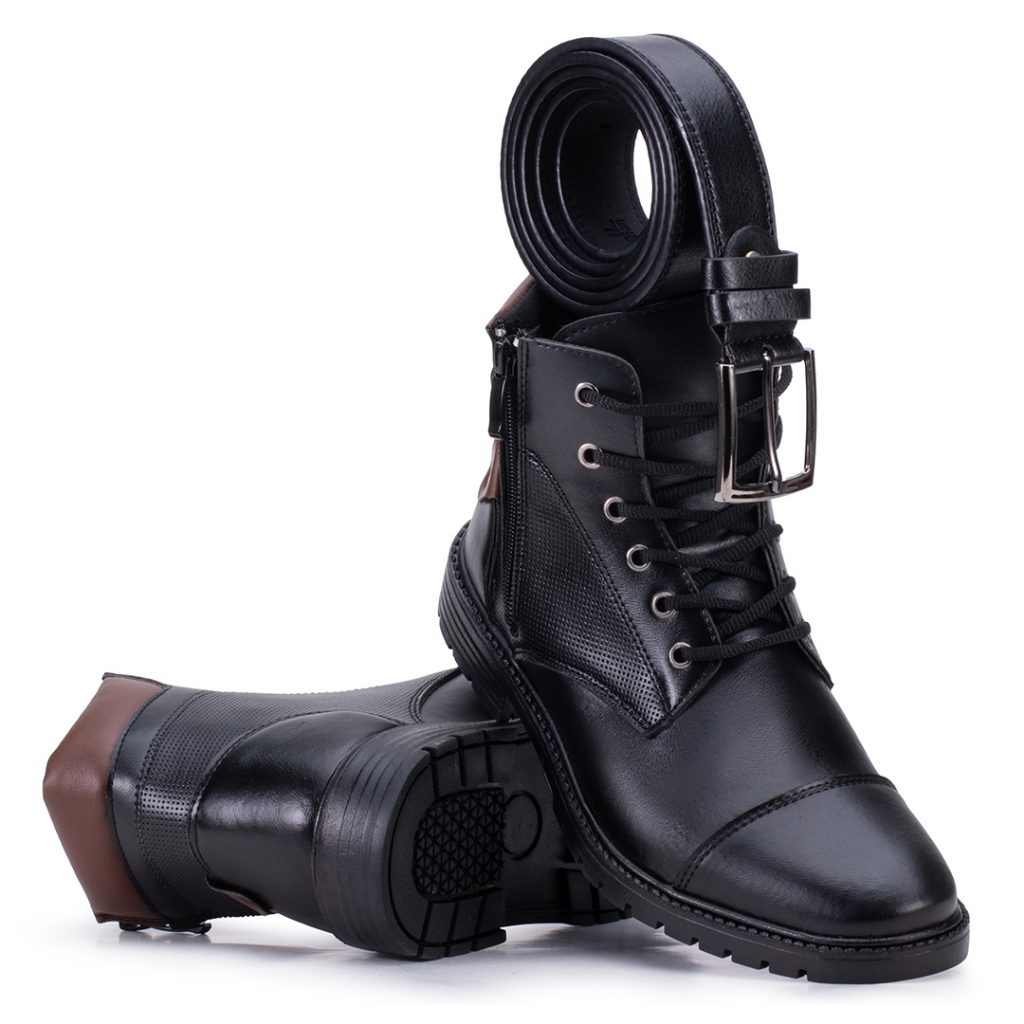 Kit Coturno Masculino Com Ziper Lateral Tático Militar Bota Masculina Moto + Cinto De Couro 39 ao 45