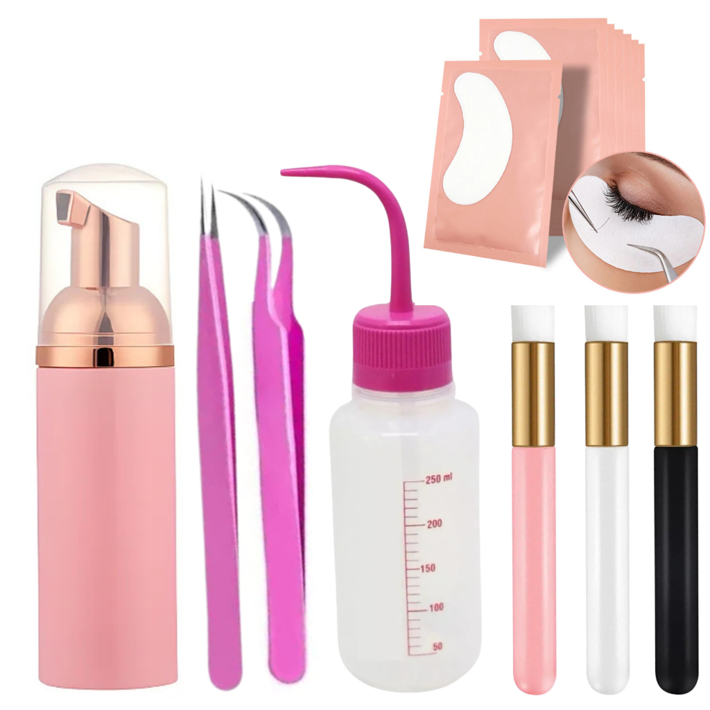 Kit Limpeza Extensão de Cílios Pump Espumador Pisseta e Pincel de Limpeza Pinça e Pad Protetor