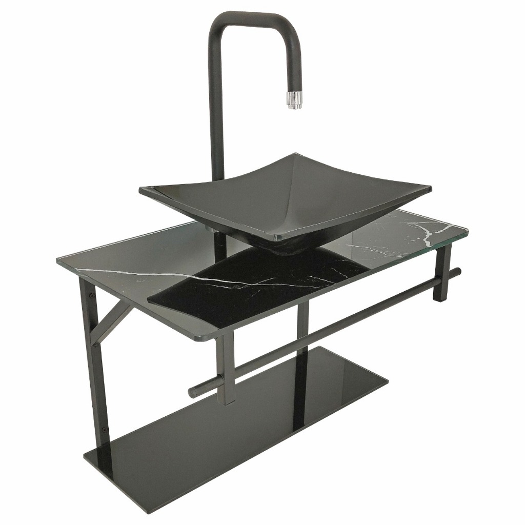 Kit Lavatório De Vidro 60cm - Marmorizado Preto - com prateleira e toalheiro