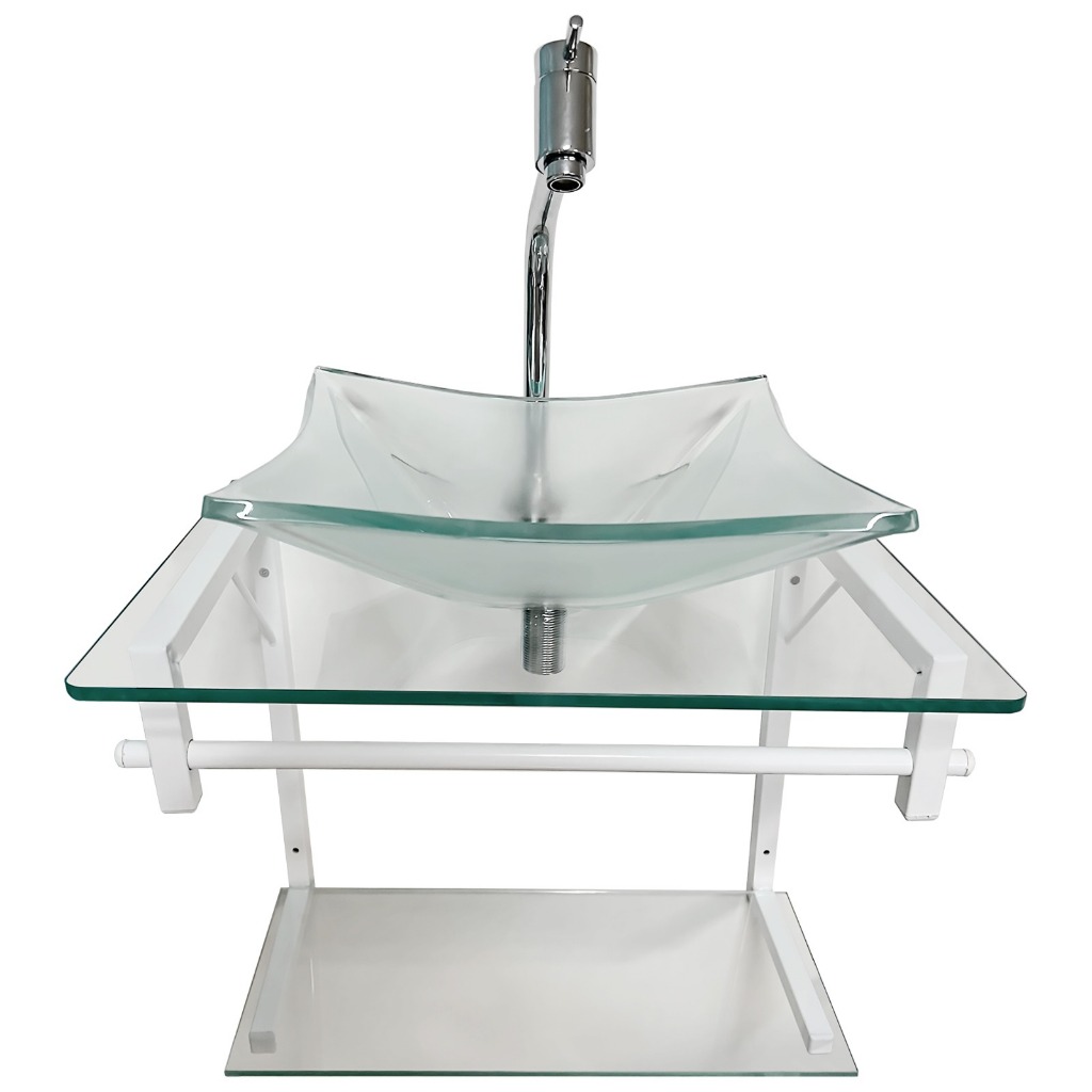 Kit Lavatório de vidro 48x35cm - Incolor - Com prateleira e toalheiro - Ferragem Branca