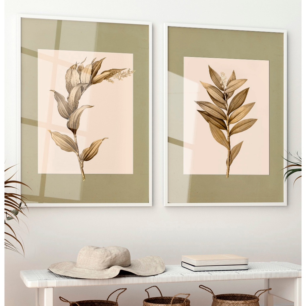 Quadro Decorativo Com Moldura Vidro Sala Quarto Casal Escritório Duo Floral Plantas Douradas Sépia
