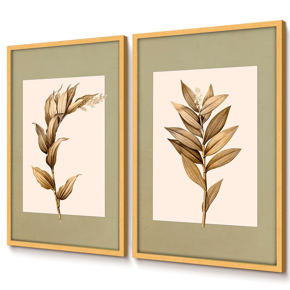 Quadro Decorativo Com Moldura Vidro Sala Quarto Casal Escritório Duo Floral Plantas Douradas Sépia · foto 2