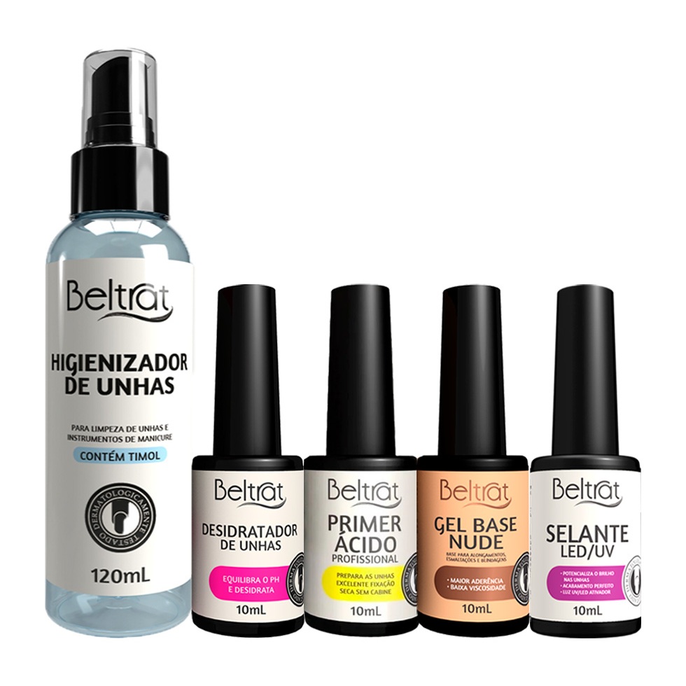 Kit Gel Capa Base Nude + Primer Acido + Desidratador + Prep Antisséptico E Selante Beltrat
