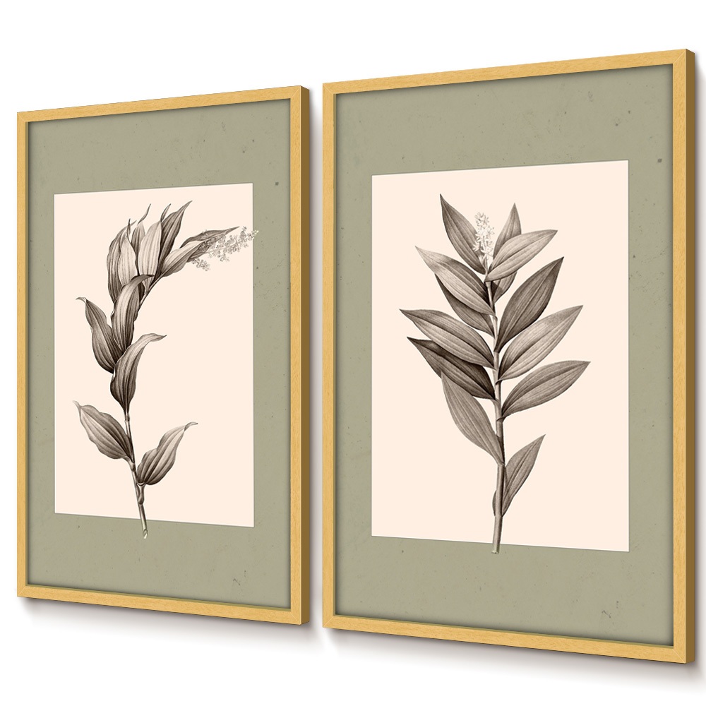 Quadros Decorativos Com Moldura E Vidro Sala Quarto Casal Duo Floral Verde Plantas Folhagem Sépia · foto 2