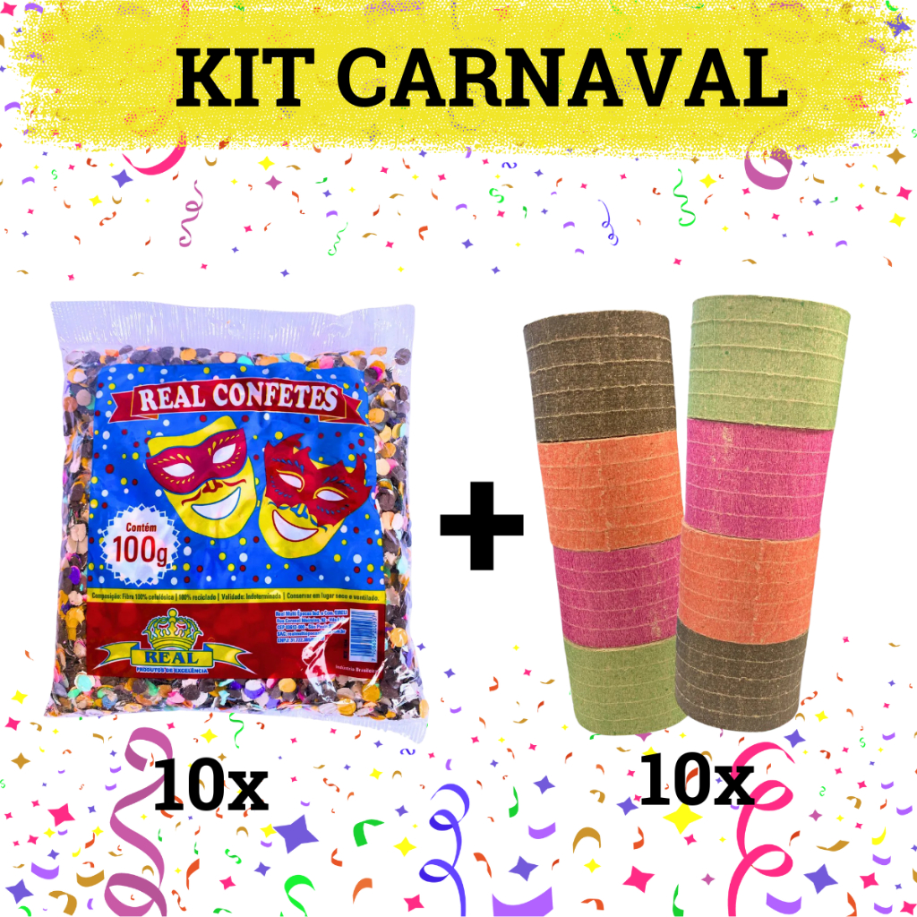 Kit Carnaval 10 Confete e 10 Serpentina Festa Adereço Fantasia Carnaval Brinquedo