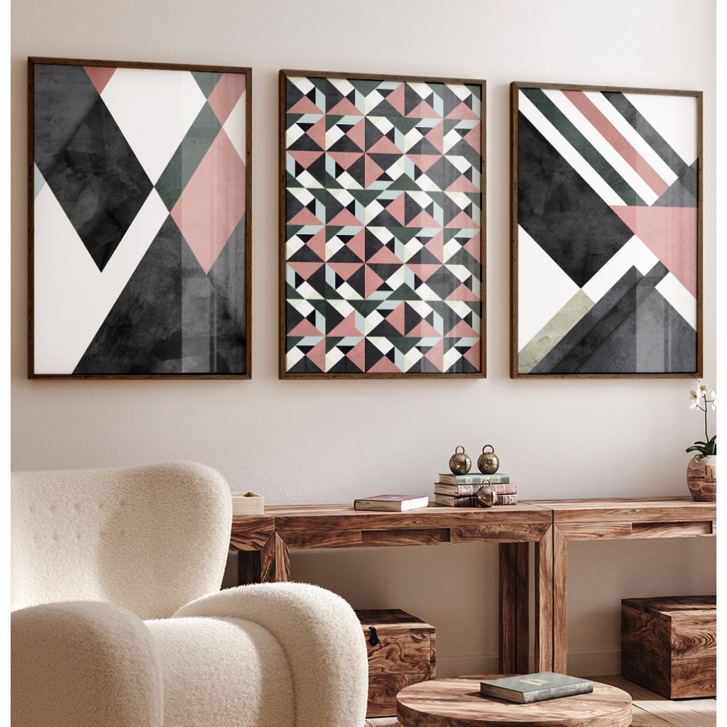 Quadro Abstrato Para Sala Quadro Com Moldura E Vidro Quadro Decorativo Quarto Geométrico Rose Trio