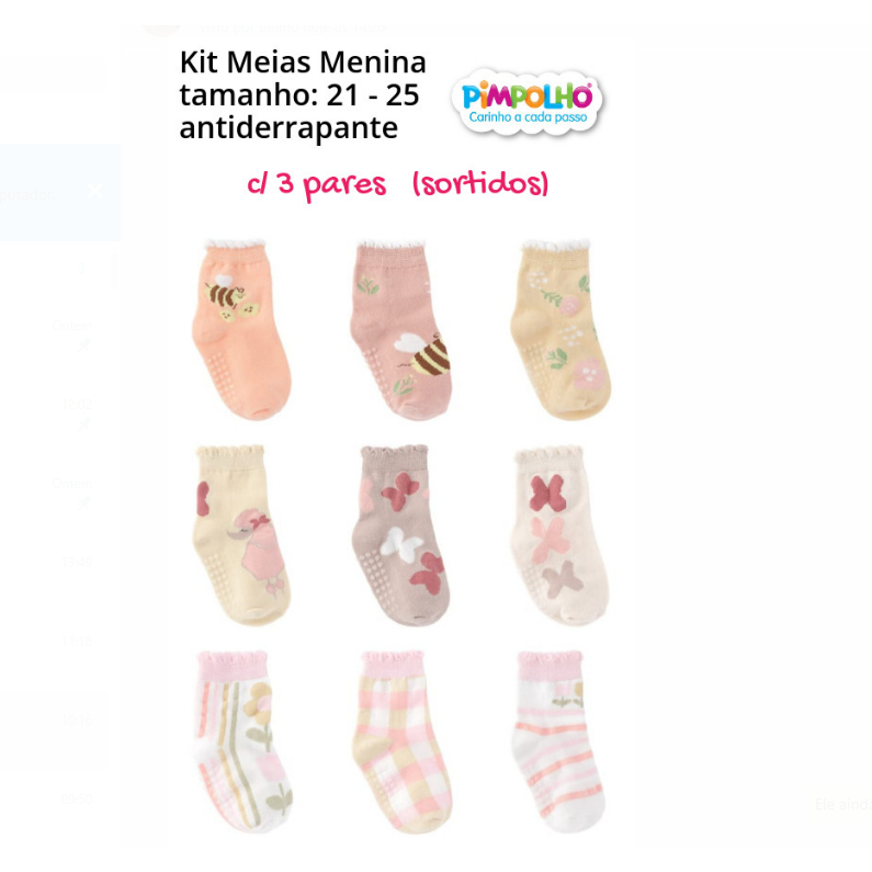 Meia Infantil Antiderrapante Kit c/3 pares Menina Pimpolho 21 ao 25 0300617/300792