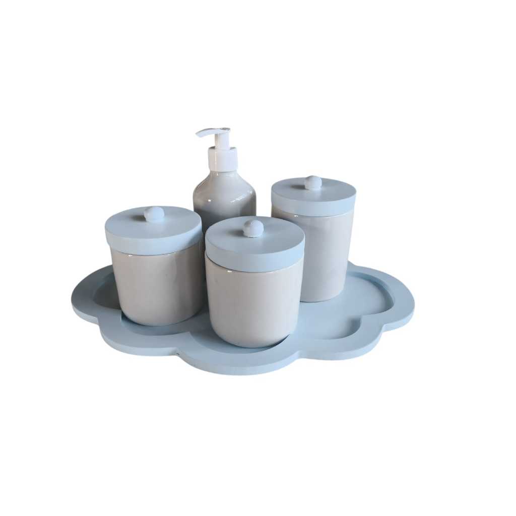 Kit Higiene para bebê porcelana potes com tampa bandeja nuvem azul saboneteira liquida 5 peças menino maternidade