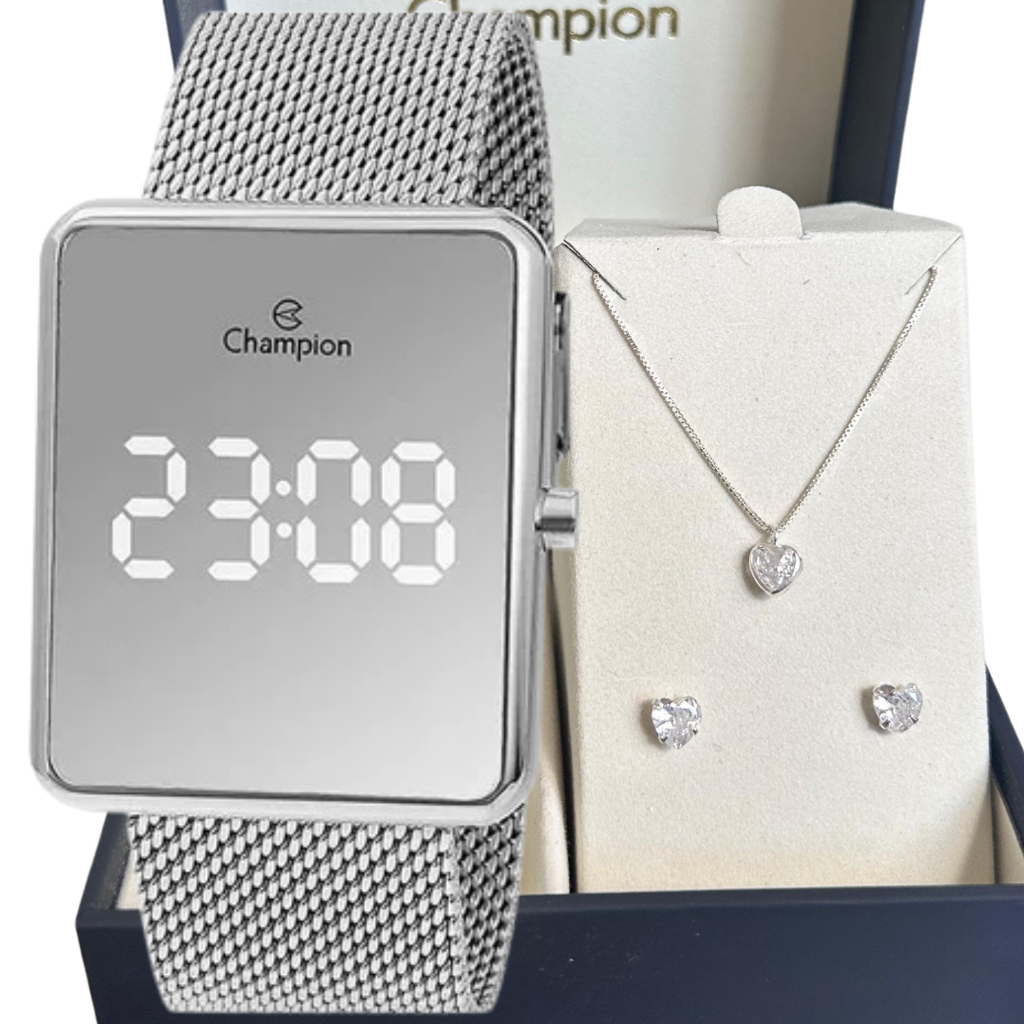 Kit Relógio Champion Digital Feminino Prata + Conjunto de brincos e colar coração em prata 925 em Oferta na Shopee