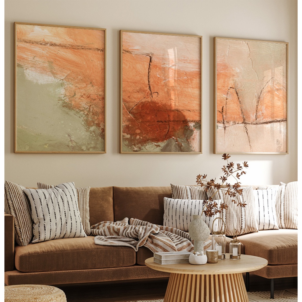 Quadro Abstrato Quadro Com Moldura E Vidro Quadro Decorativo Sala Grande Pintura Tons Terrosos Trio