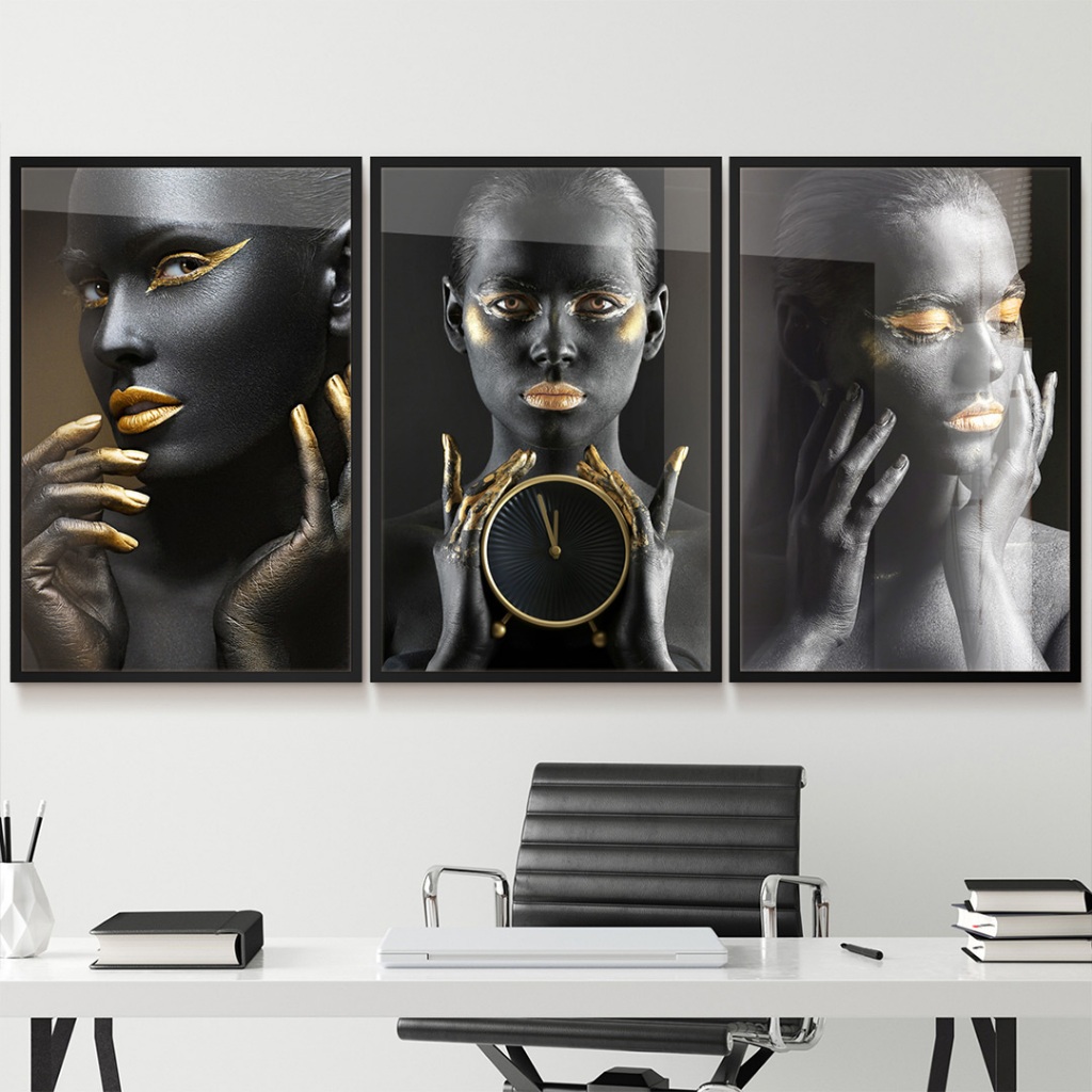 Quadro Abstrato Quadro Decorativo Sala Grande Quadro Com Moldura E Vidro Pintura Corporal Ouro Trio