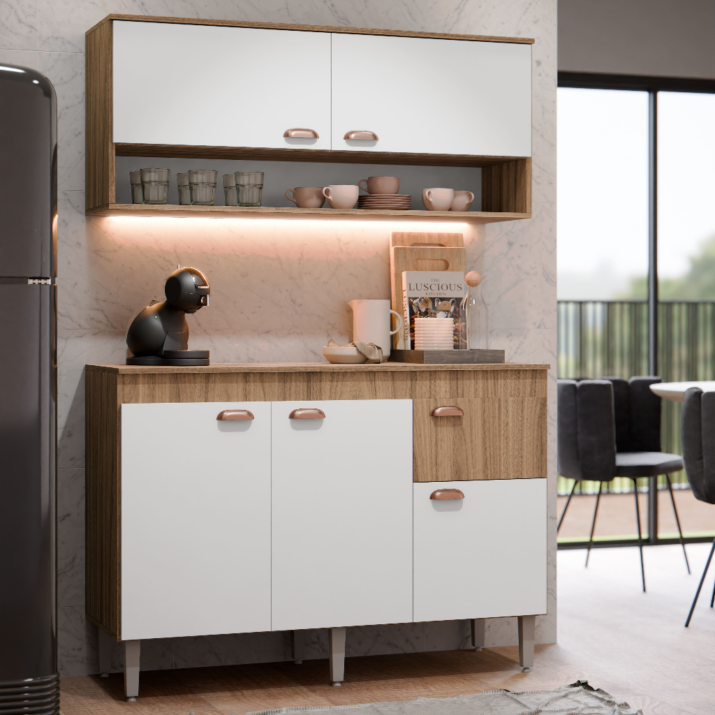 Armário de Cozinha Compacta Sala de Jantar Luiza Aéreo e Balcão 5 Portas e Gaveta Suspenso Com Nicho