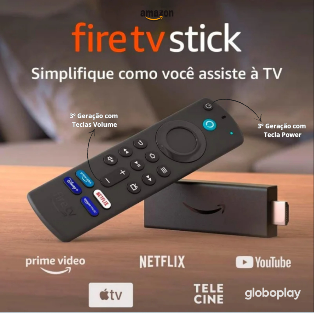 Amazon Fire Stick TV Full HD 3ª Geração Alexa Comando de Voz Original - Com Teclas Volume