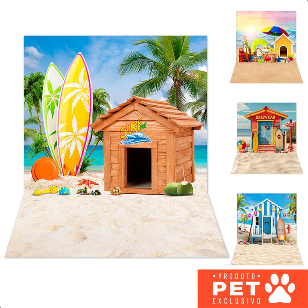 Fundo Fotográfico Pet Shop Cenário Verão Praia 3D Em Tecido Sublimado 1,20x1,70m