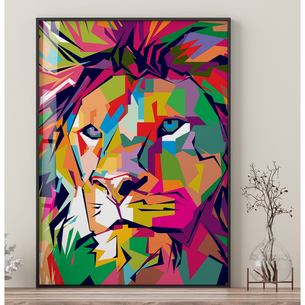 Quadro Leão Abstrato Quadro com Moldura e Vidro Quadro Decorativo Sala Grande Quadro Quarto Casal