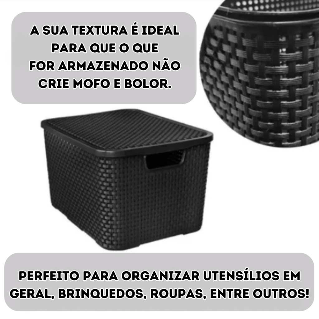 Detalhes do Caixa Organizadora 7L Rattan Preto Cesto Organizador Com Tampa Multiuso Brinquedos Cosméticos Roupas