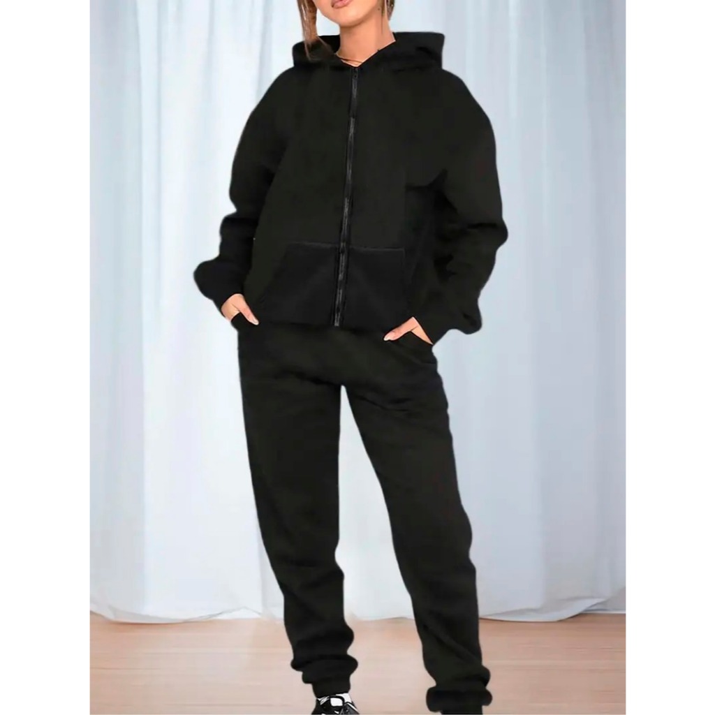 Conjunto Casual Feminino de Moletom com Capuz Bolso E Zíper e Calça Moletom Algodão