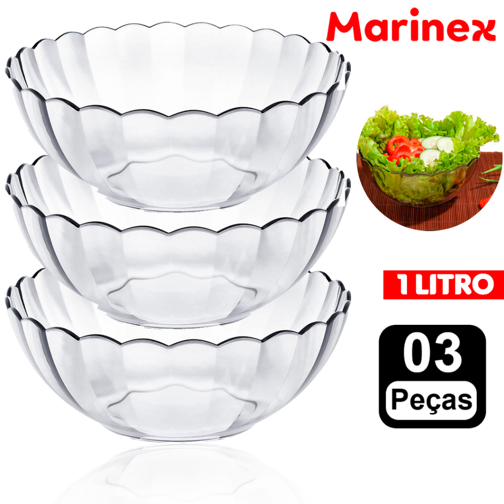 Kit Conjunto 03 Tigelas Bella de Vidro Temperado 1Litro P/ Sobremesa Jogo Assadeiras Marinex