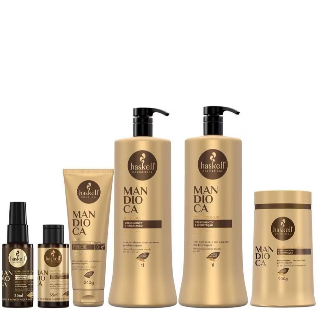 Kit Mandioca Haskell 6 Produtos - Shampoo 1 litro Condicionador 1 litro Mascara 900g Leavein 240g Nectavita 35ml Reparad