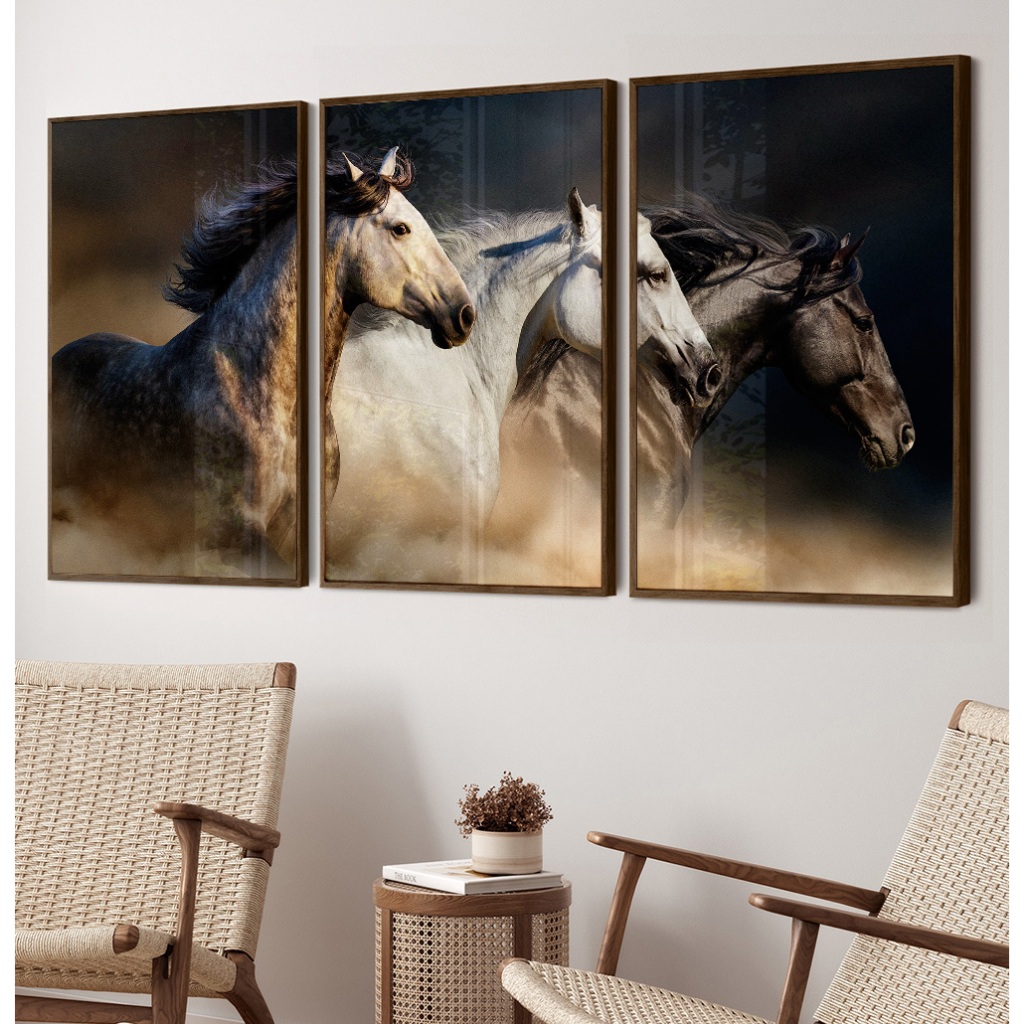 Quadro Cavalo Quadro Com Moldura E Vidro Quadros Decorativos Para Sala Grande Animais Livres Trio