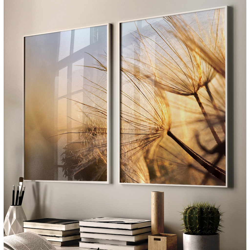 Quadros Decorativos com Moldura Sala Quarto Duo Florais Dente de Leão Dourado Pelo Pôr do ...