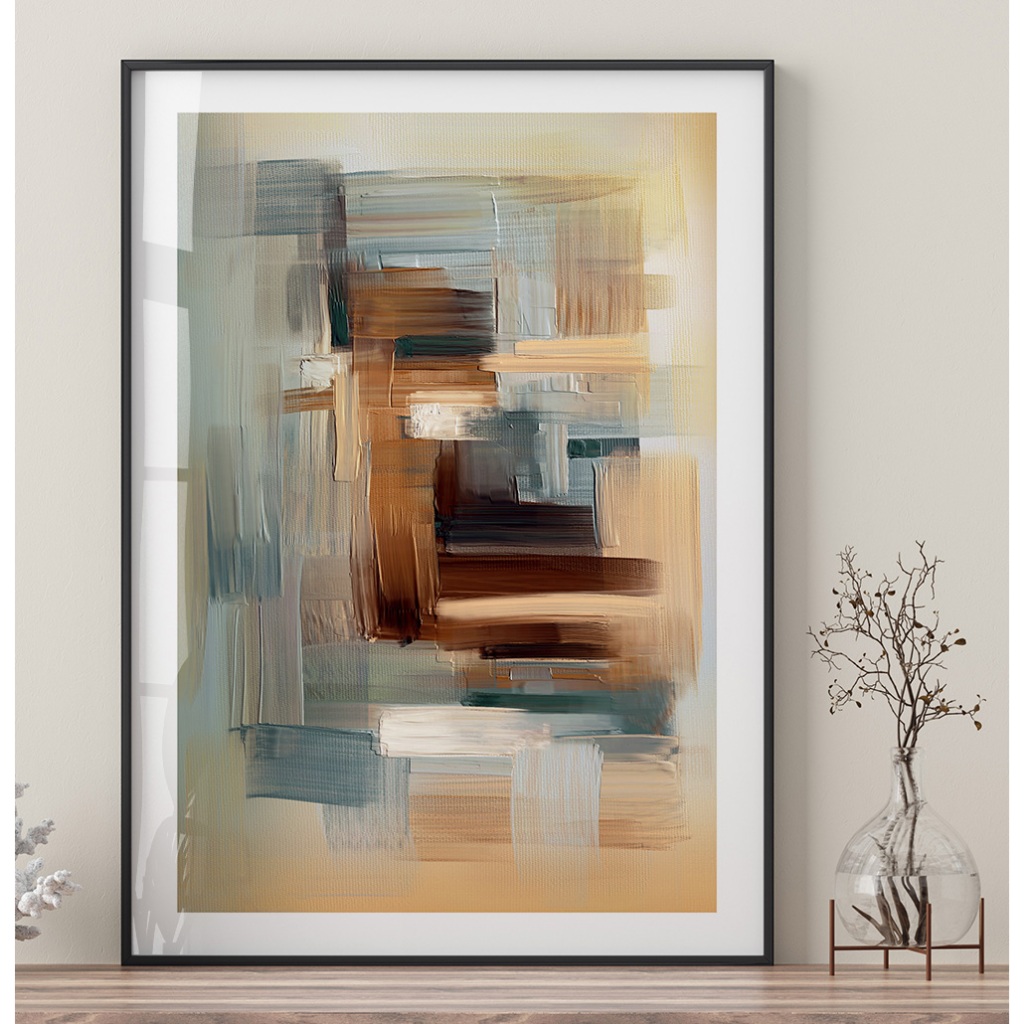 Quadro Decorativo Com MOLDURA Vidro Grande Sala Quarto Pinceladas de Tinta em Tons Terrosos com Azul