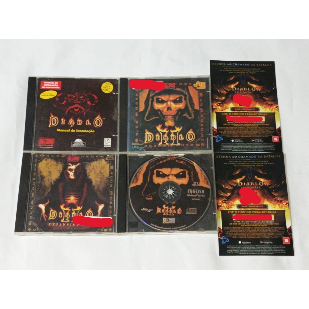 MEGA LOTE PC GAME JOGO DIABLO - 1 / 2 (2 CDs) / 2 EXPANSION SET / IMMORTAL CÓDIGO PROMOCIONAL (x2)