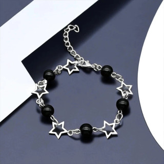Pulseira Estrela - Y2K Ajustável Prata com Miçangas Pretas e Brancas