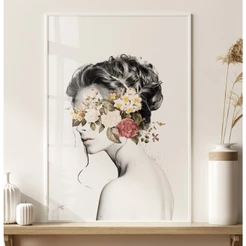 Quadro Decorativo Sala Com Moldura Mulher Com Flores No Rosto Quadro Feminino Floral Quarto Sala