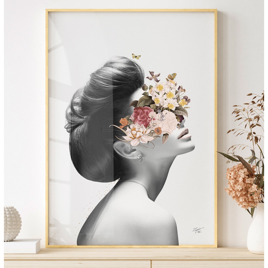 Quadro Abstrato Quadro Com Moldura Vidro Quadro Decorativo Sala Quadro Feminino Colagem Mulher Flor