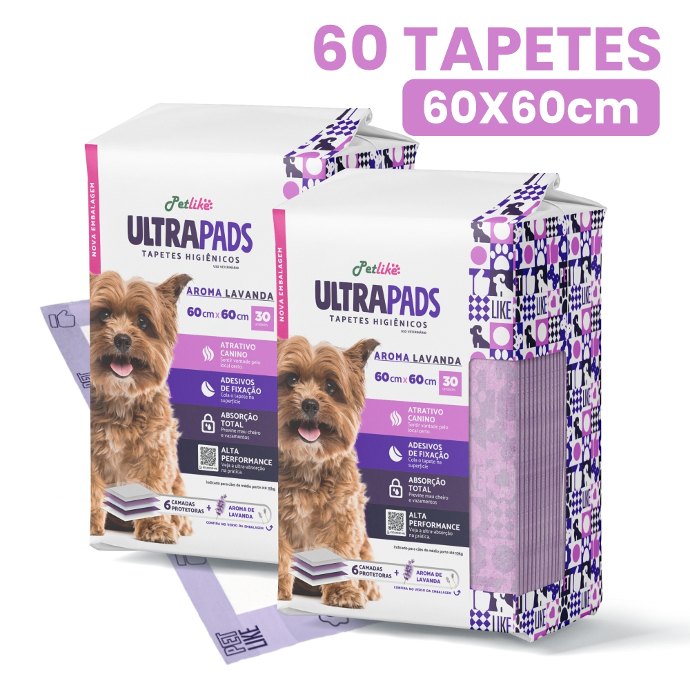Tapete Higiênico Cães e Gatos Ultra Pads 60x60cm 60 un Lavanda Petlike Original