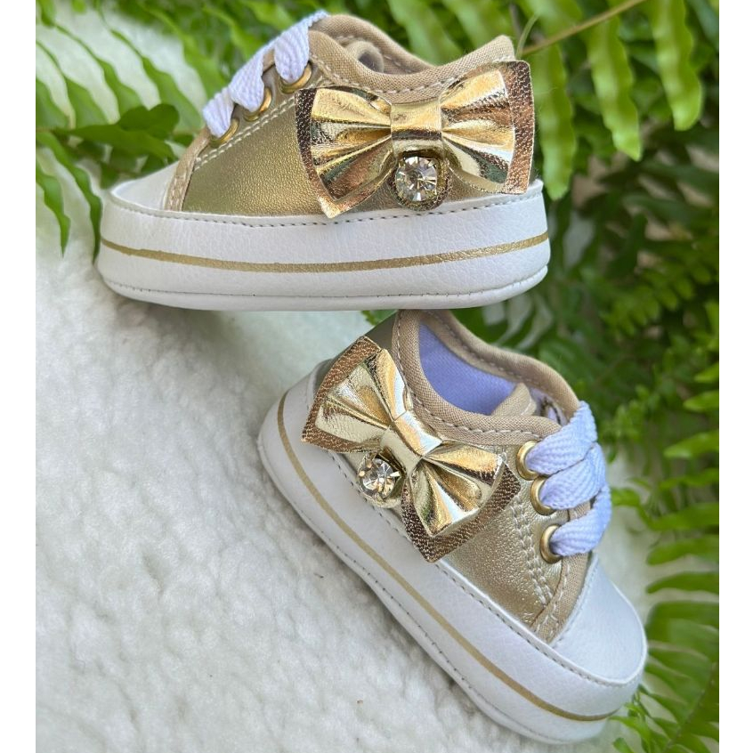 Tenis de Bebe Dourado com Laço para Recem Nascido – Tenis de Bebe Dourado