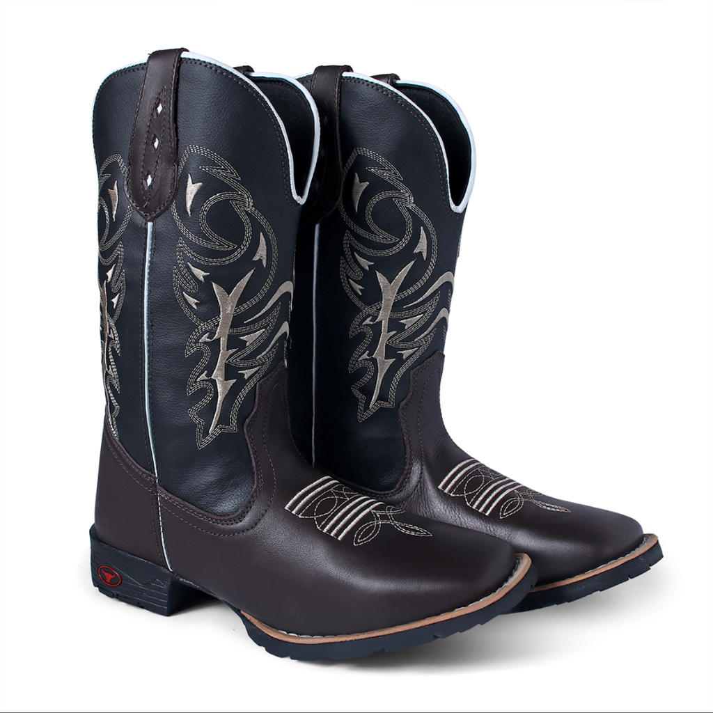 Bota Botina Texana Unisex Bordada Forrada Bico Quadrado Delegada Café