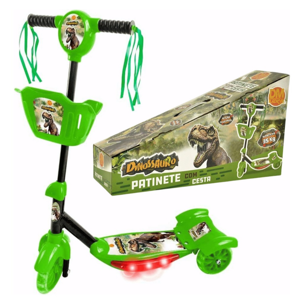 Patinete Infantil Dinossauro Verde Com Cestinha Luz E Som em Oferta na Shopee