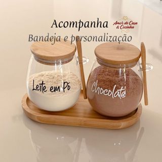 KIT 2 POTES 750ML COM TAMPA COLHER E BANDEJA DE BAMBU STYLE