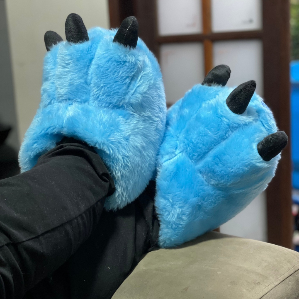 Pantufa 3D pata Garra de monstro Azul Cano Longo Quentinha Masculino e Feminino Infantil e Adulto
