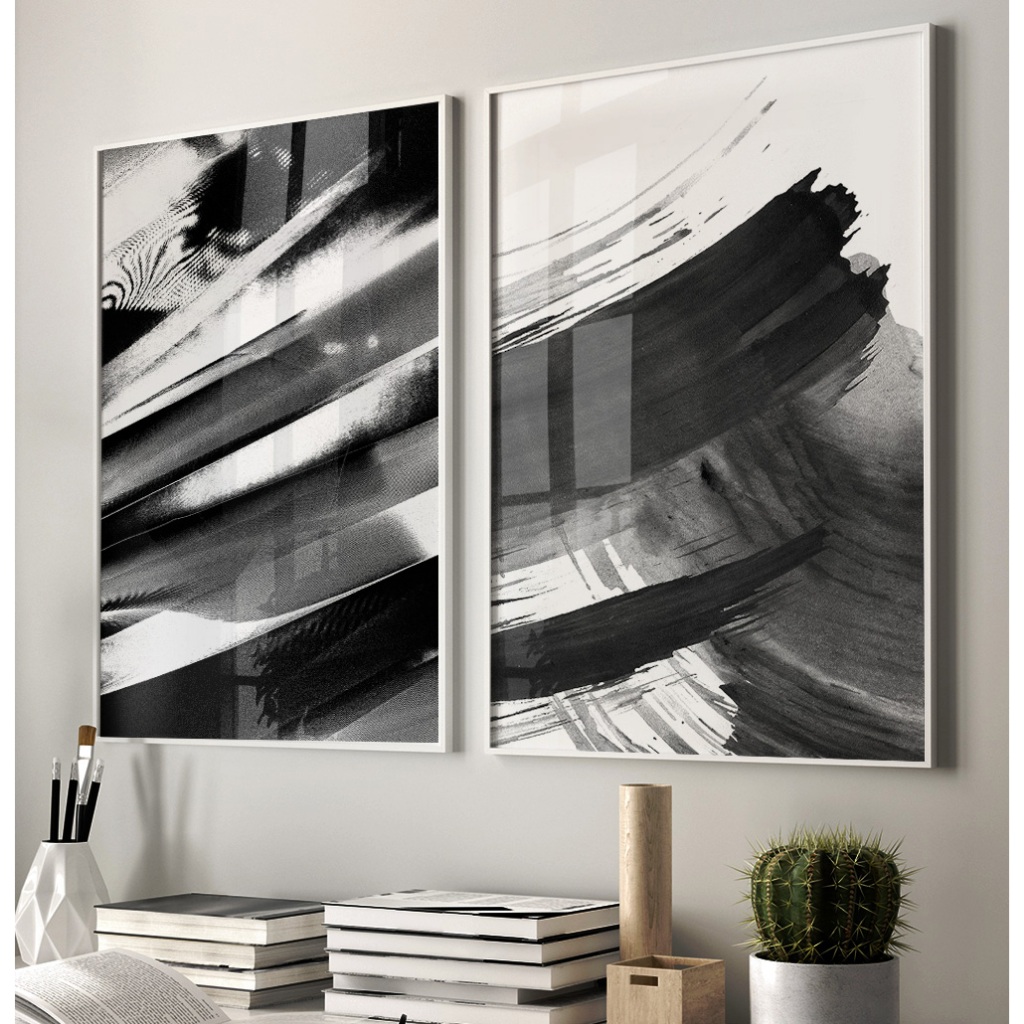 Quadro Abstrato Preto E Branco Com Moldura Quadro Decorativo Escritório Quadro Sala Pinceladas Duo