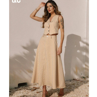 Conjunto Alfaiataria Colete e Saia Listrada Risca de Giz Casual Elegante Social Cintura Alta