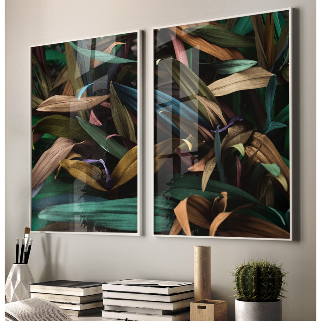 Quadro Folhagem Quadro com Moldura e Vidro Quadro Decorativo Sala Quadro Quarto Folha Colorida Duo