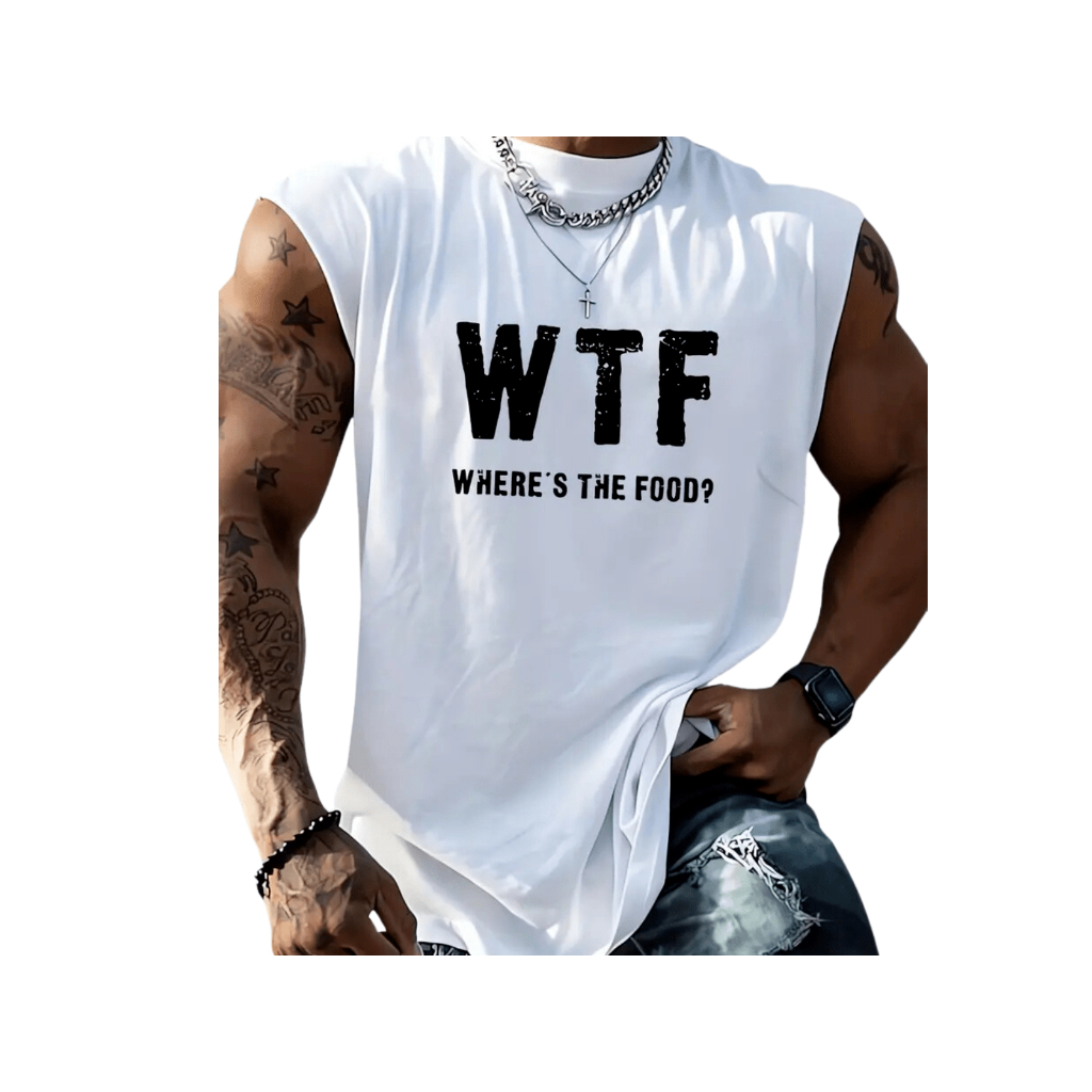 Camiseta Regata Oversized Branca WTF Academia Treino Foco Corrida Lançamento