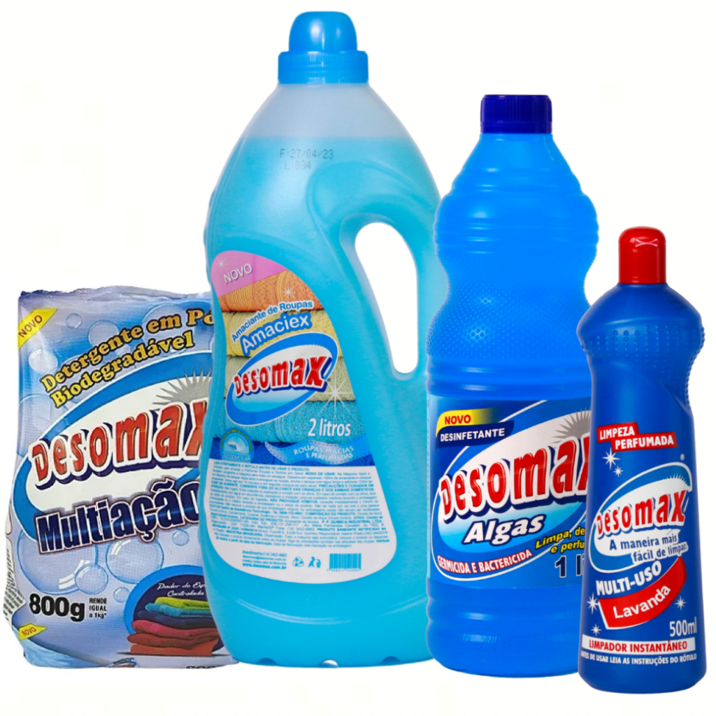 Kit Lava Roupas Pó Desomax Biodegradável +Amaciante 2L+Desinfetante Algas 1L+Multiuso Lavanda 500ml