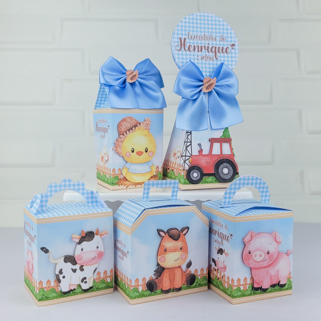 Kit Festa Personalizados -Fazendinha Azul - Lembrancinhas de aniversário -  Caixinhas Personalizadas